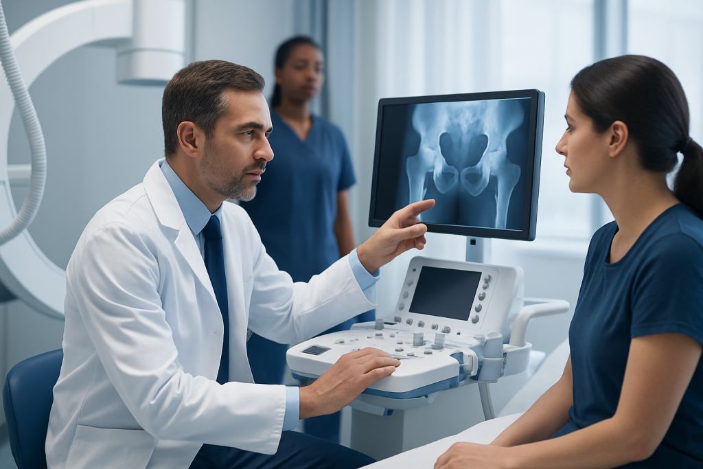Doctor explaining hip X-ray to patient in medical consultation room.