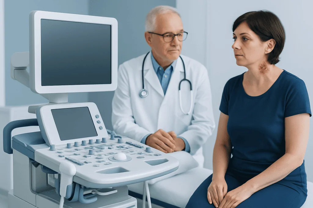 Doctor examining a woman with skin lesion using ultrasound device at Acibadem Hospital.