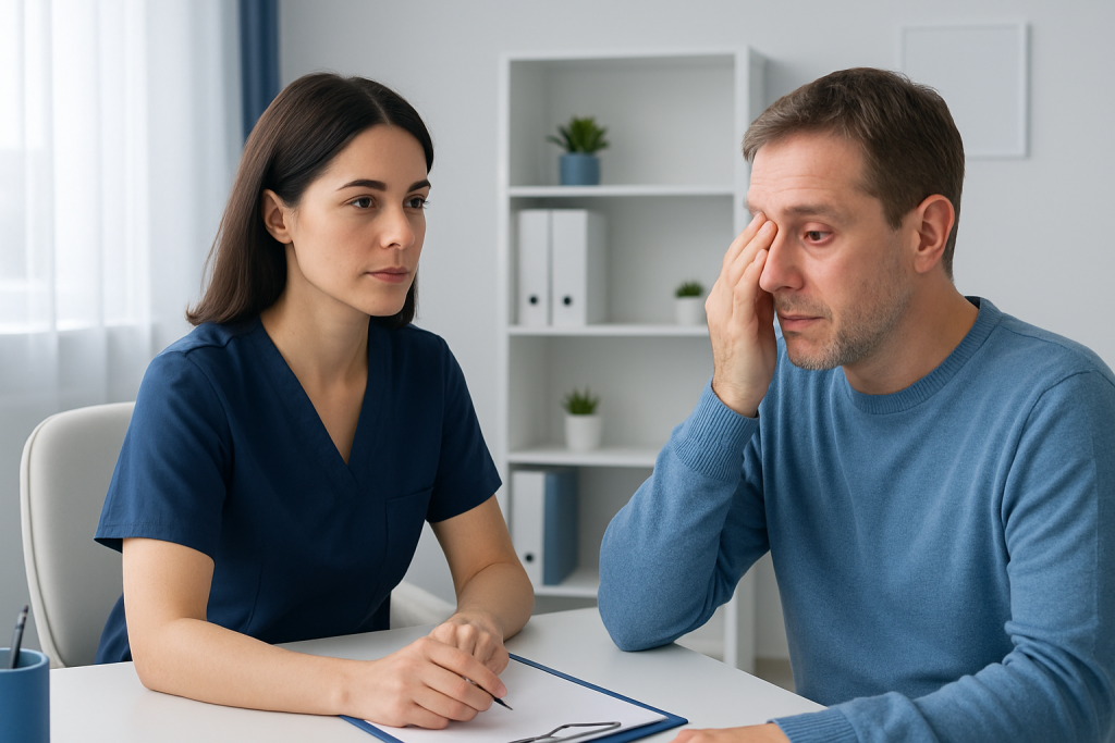Doctor consulting with patient about eye health and blood vessel issues.
