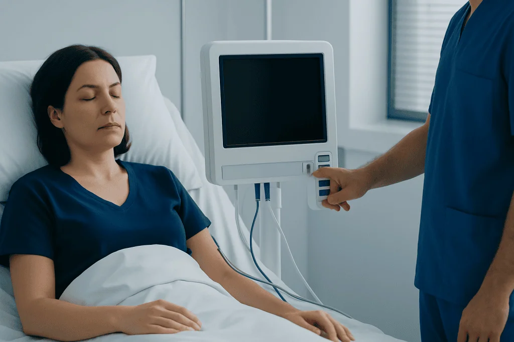 Patient in hospital bed connected to medical monitor for treatment.
