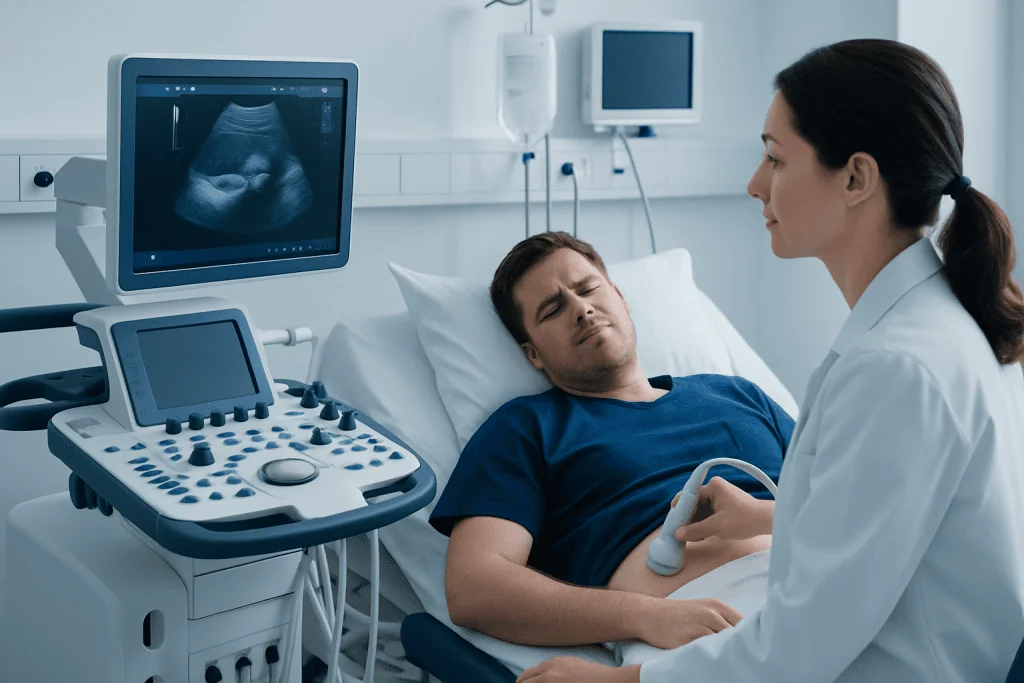 Patient undergoing ultrasound examination in hospital setting.