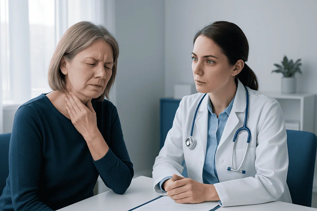 Doctor consulting with a patient experiencing throat pain and discomfort.