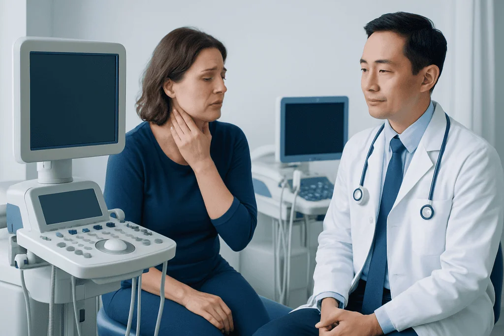 Doctor consulting a patient with neck pain in a medical clinic.