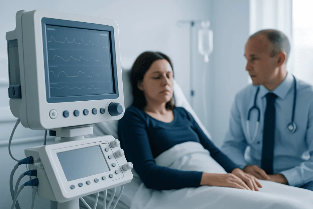 Hospital patient monitor and doctor with patient in hospital room.