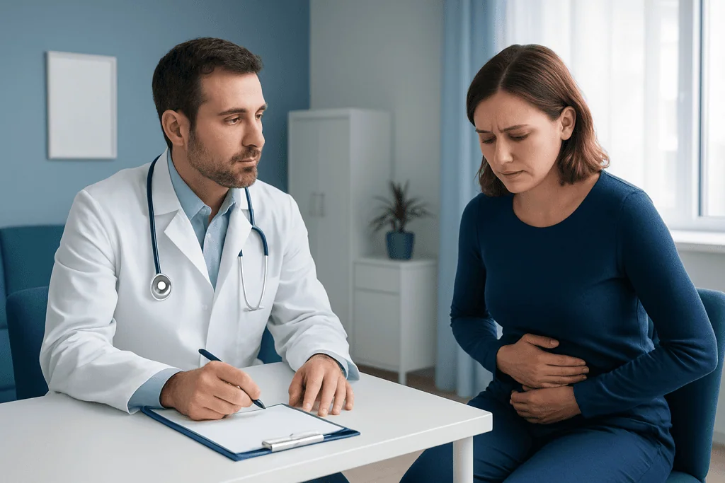 Doctor consulting with a patient experiencing stomach pain in a clinic.