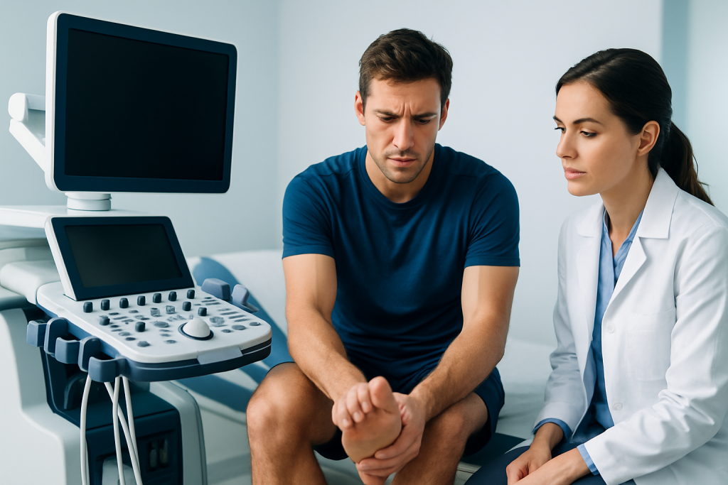 Patient experiencing wrist pain during medical consultation at hospital.