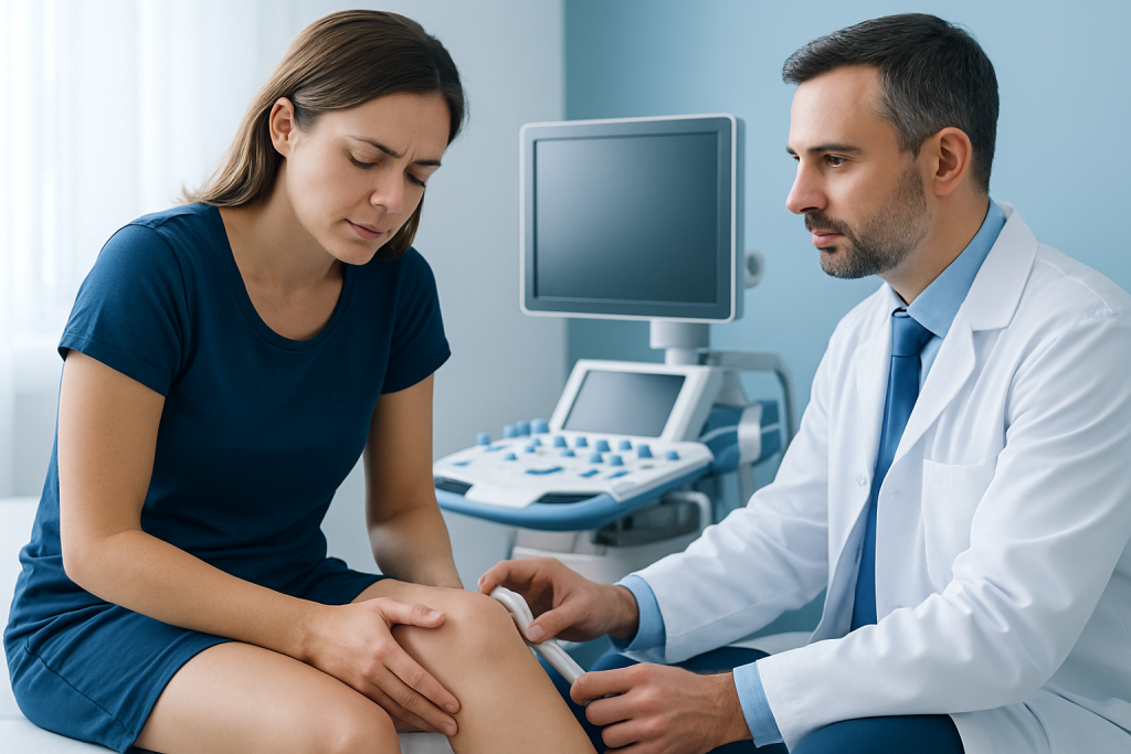 Doctor examining patient's knee in a medical consultation room.