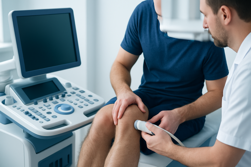 Doctor examining patient's knee with ultrasound device at hospital.
