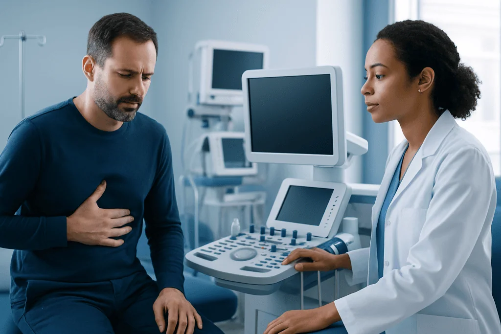 Xiphoid Process Pain: Possible Causes and When to Seek Care 1 Doctor examining a patient with abdominal pain in a hospital setting.