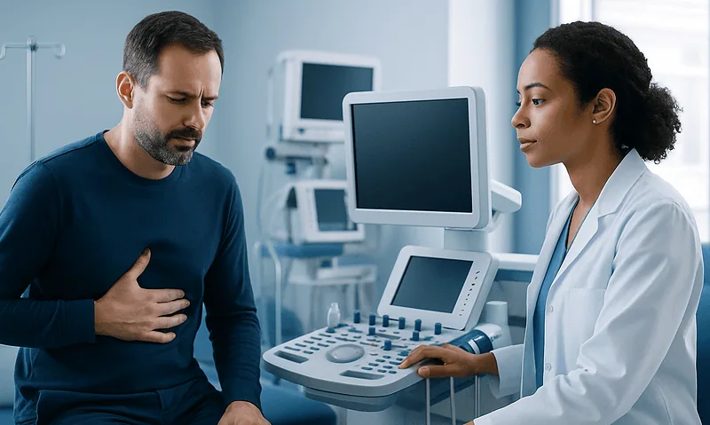 Doctor examining a patient with abdominal pain in a hospital setting.