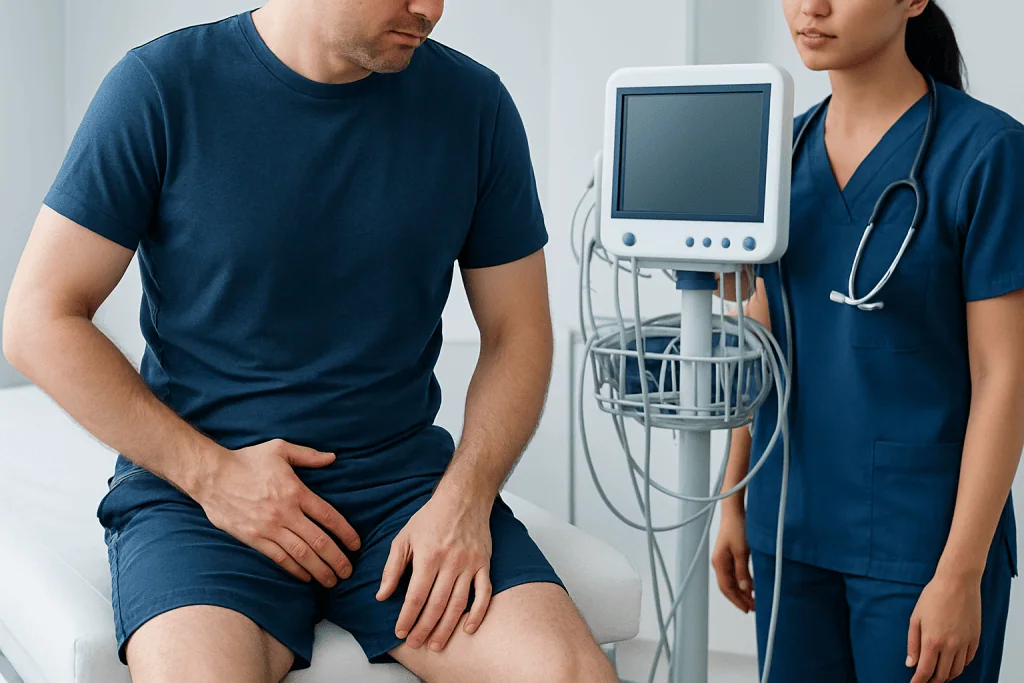 Doctor examining male patient with medical equipment in clinic.