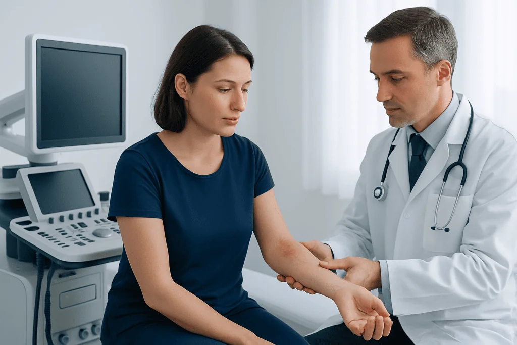 Doctor examining patient's arm in a clinical setting.