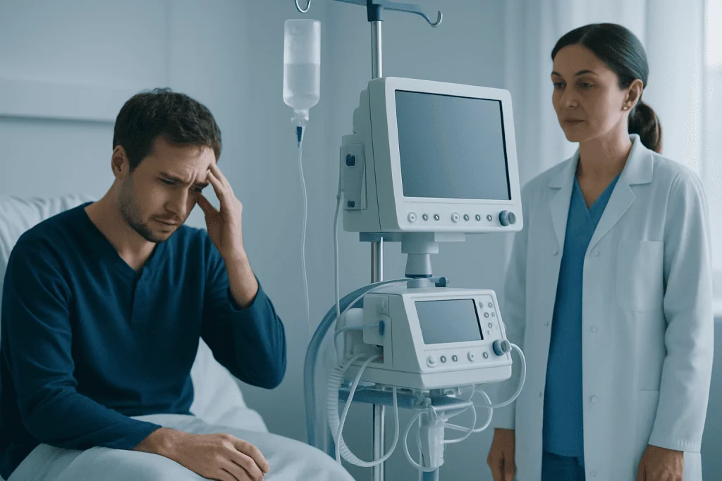 Patient in hospital bed with medical staff and monitoring equipment.