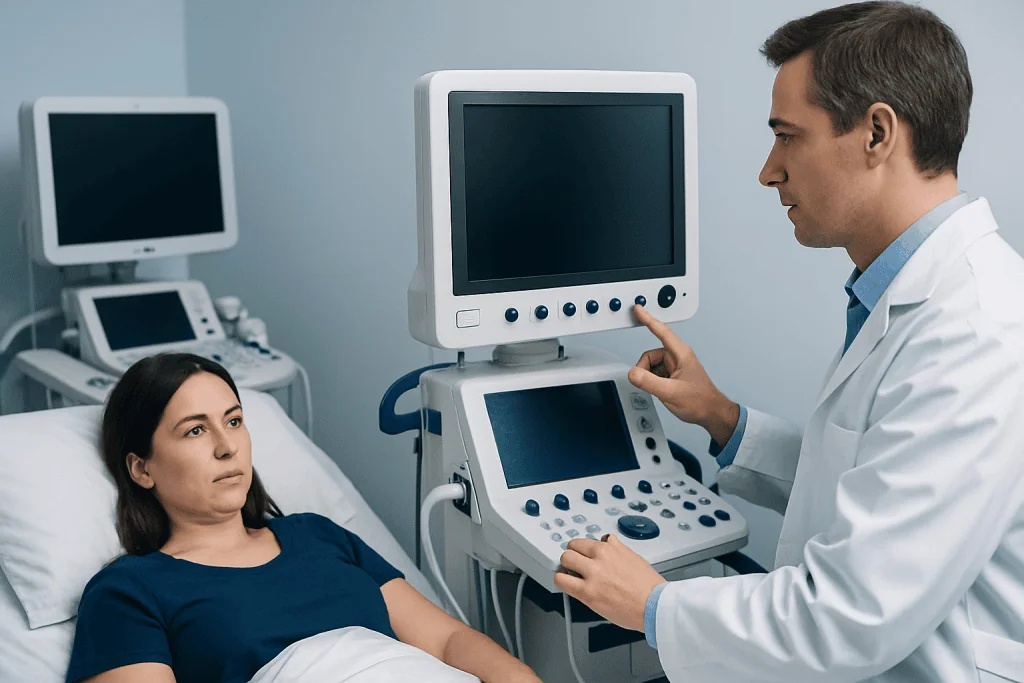 Doctor performing ultrasound examination on patient in hospital room.