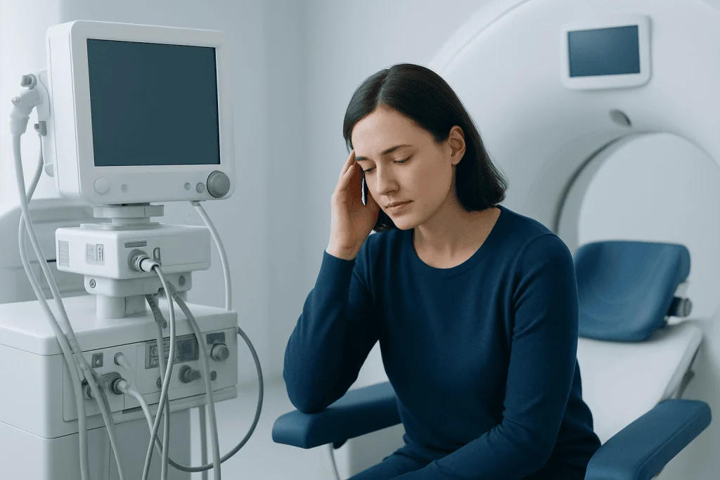 Woman experiencing headache in a medical imaging room at Acibadem Hospitals.