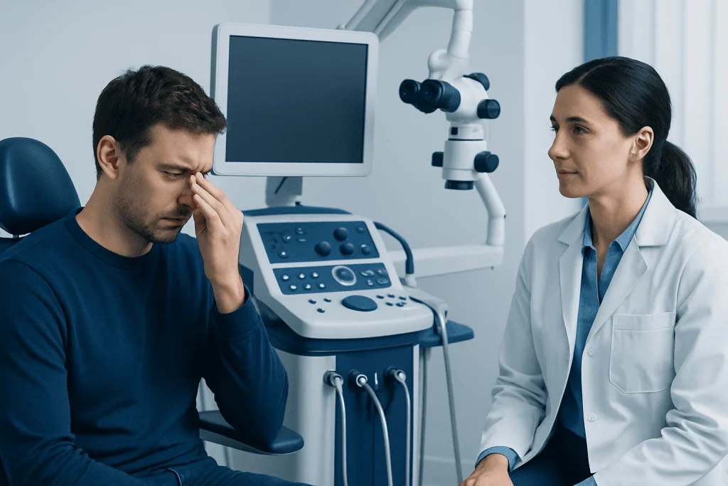 Patient experiencing nasal discomfort during consultation at Acibadem Hospital.