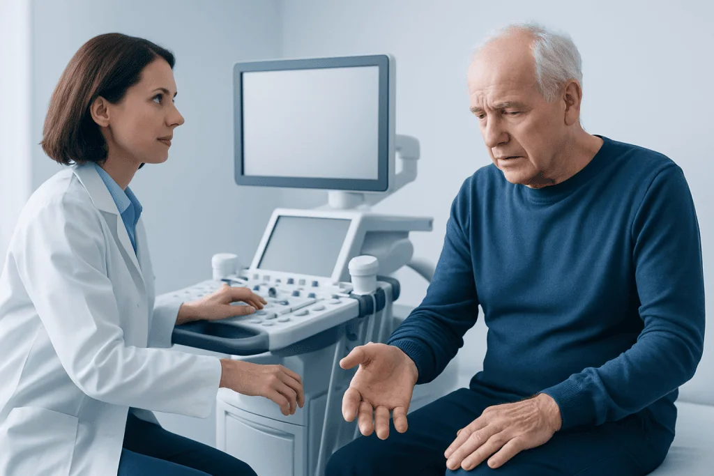 Doctor performing an ultrasound examination on an elderly male patient.