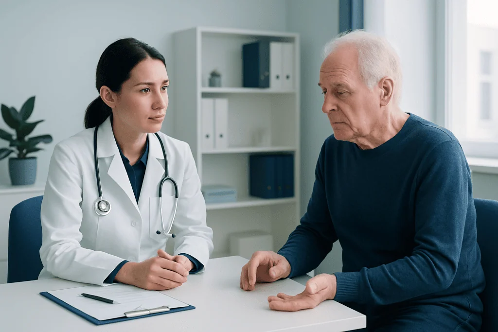 Doctor consulting with elderly patient in a medical office.