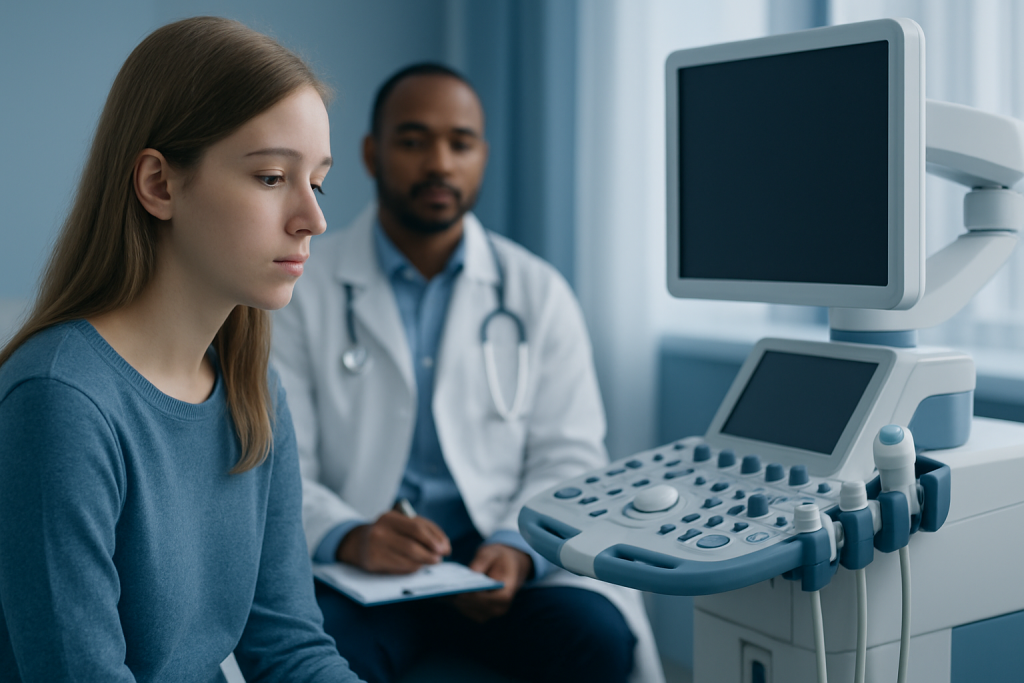 Young woman undergoing an ultrasound exam in a medical clinic.