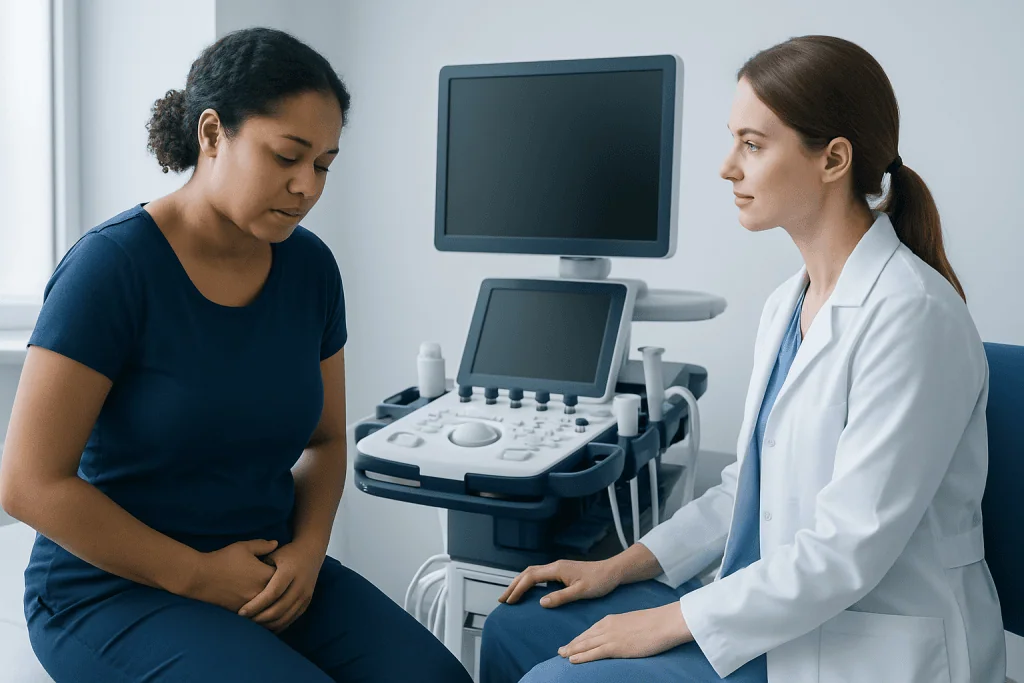 Doctor explaining intramural fibroid to patient in a medical consultation room.