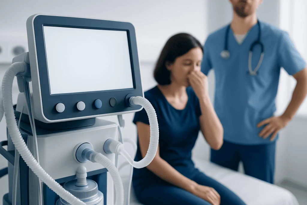 Patient experiencing allergy symptoms in a hospital setting with medical equipment nearby.