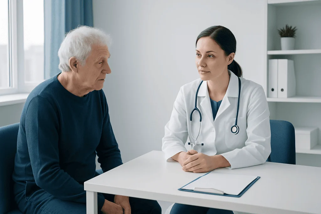 Doctor consulting with elderly patient in a medical office.