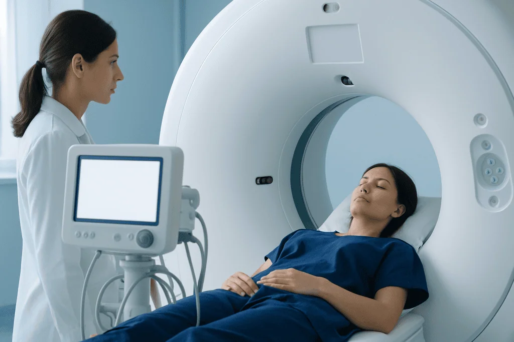Female patient undergoing MRI scan in a hospital setting.