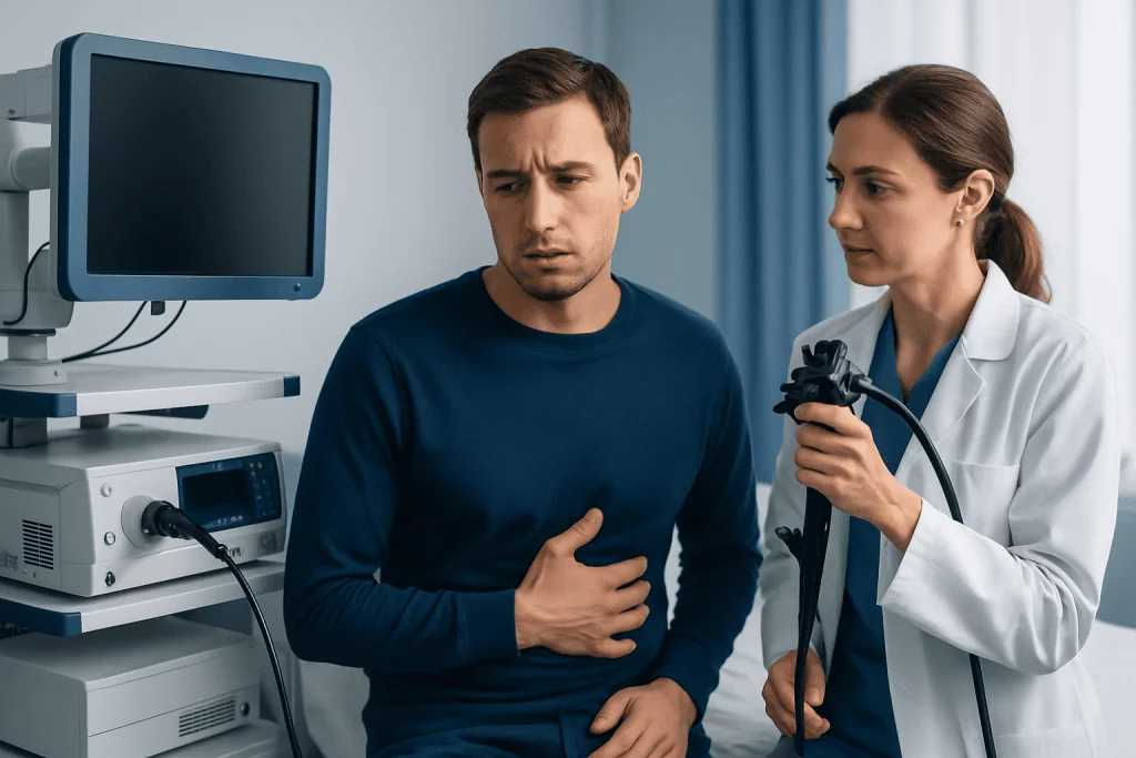 Doctor performing endoscopy on male patient in hospital.