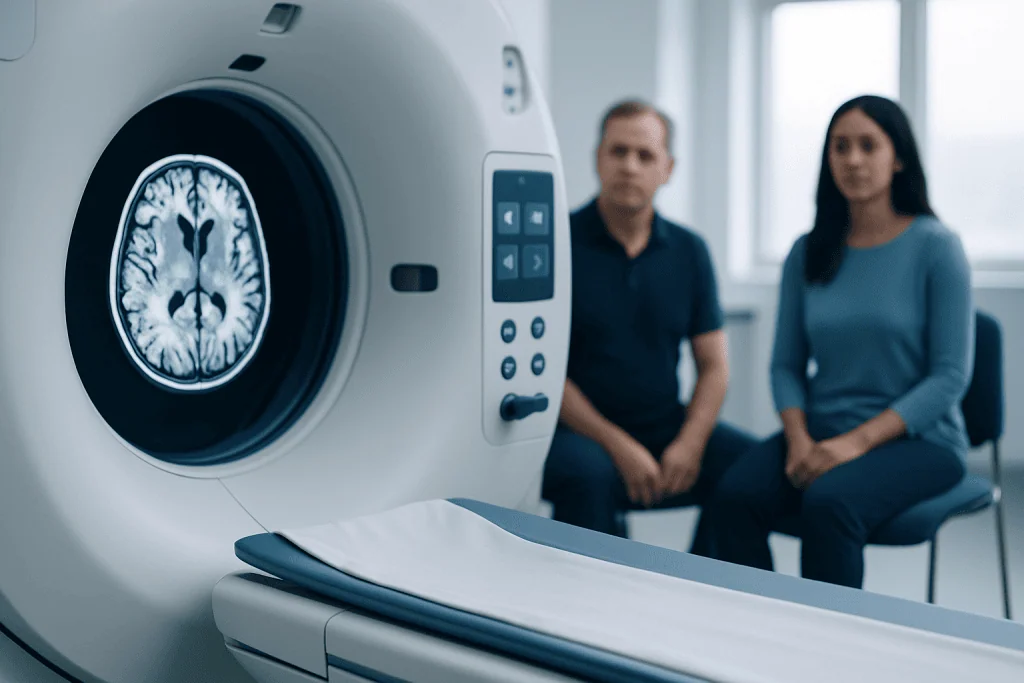 Brain MRI scan being examined by medical professionals in a clinical setting.