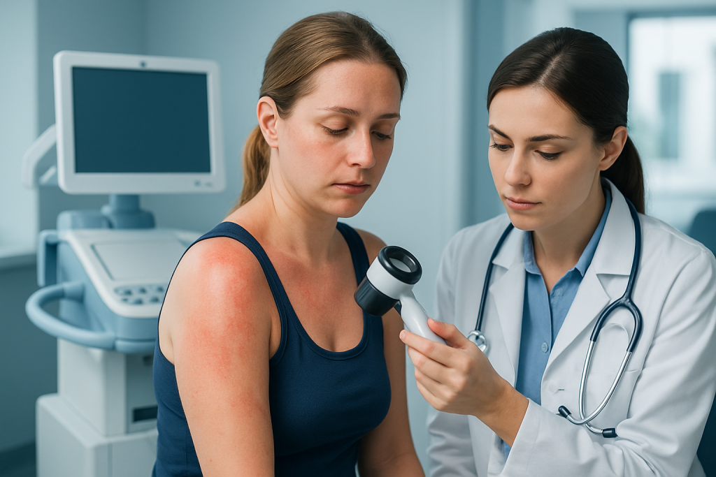 Doctor examining patient's skin with a dermatoscope in a clinical setting.