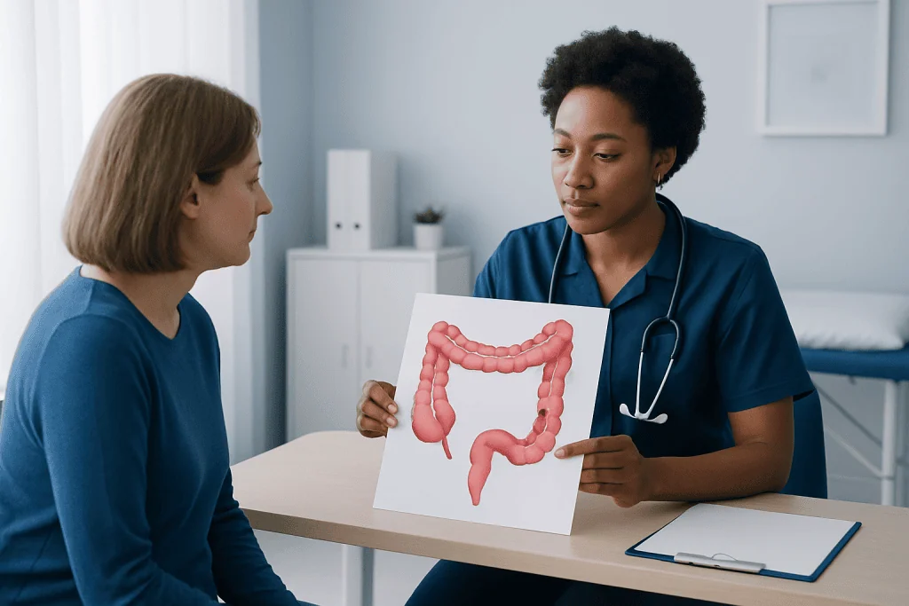 Doctor explaining colon anatomy with a model to a patient in a clinic setting.