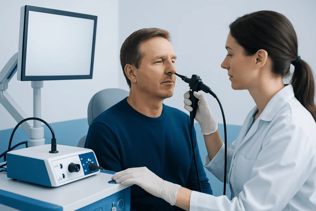 ENT doctor examines patient's nasal passages with endoscope in clinic.