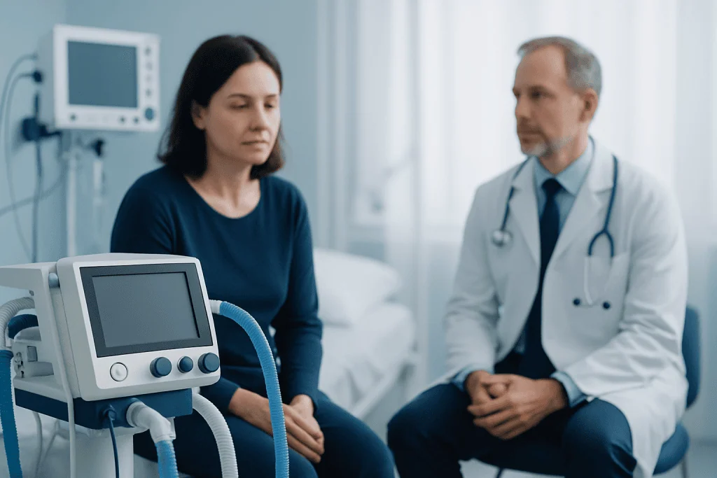 Patient and doctor discussing lung health in a hospital setting.
