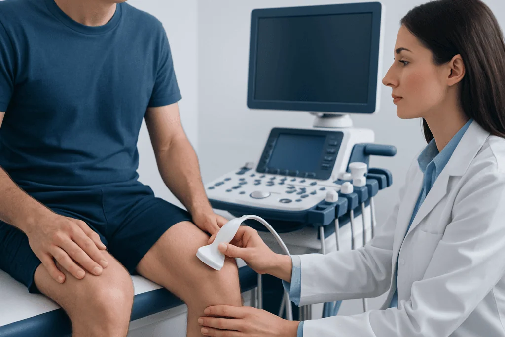 Doctor performing an ultrasound examination on a patient's knee.