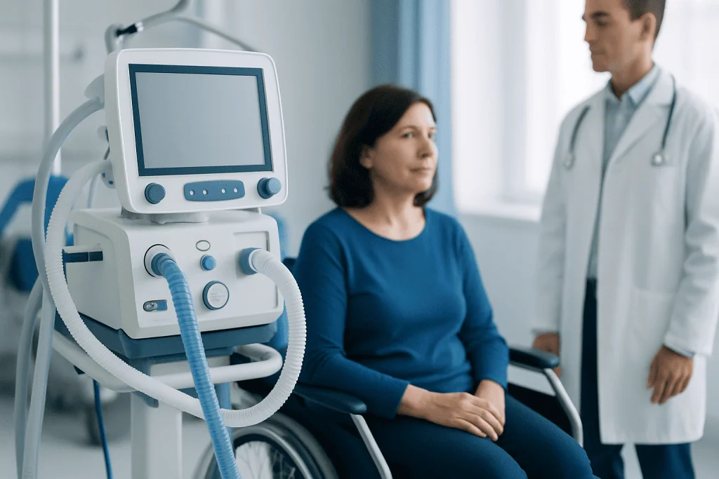 Patient in wheelchair undergoing respiratory therapy at Acibadem Hospital.