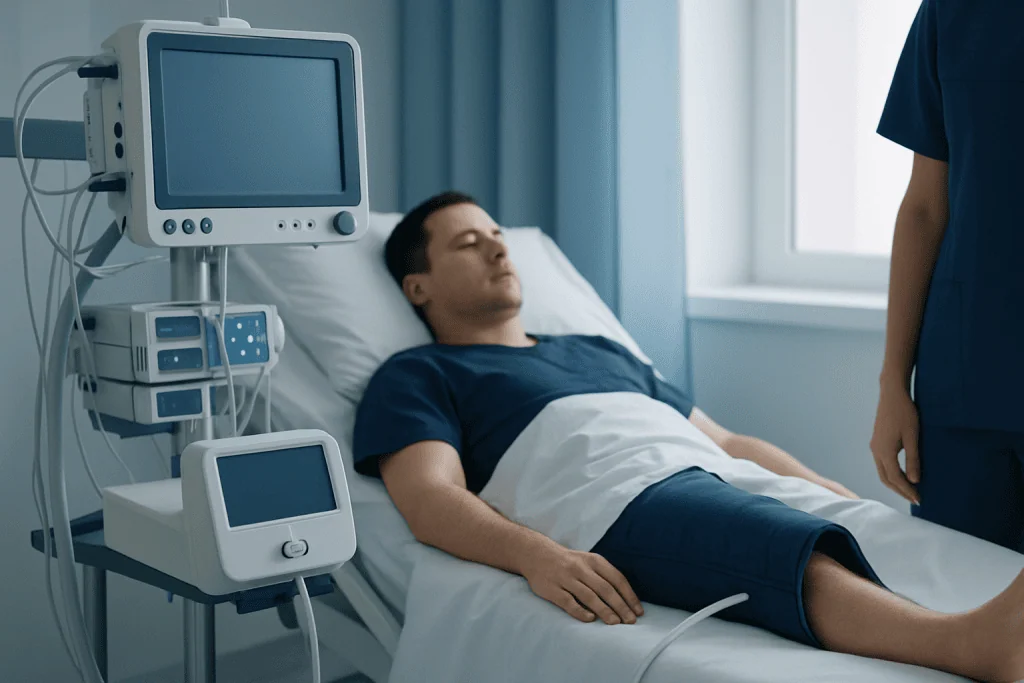 Patient in hospital bed connected to medical monitoring devices.