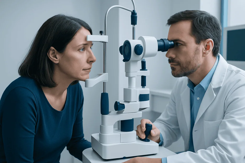 Ophthalmologist examining a patient's eye with a slit lamp microscope.