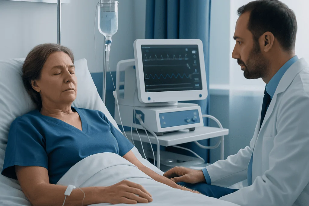 Patient in hospital bed with doctor monitoring vital signs and ECG.