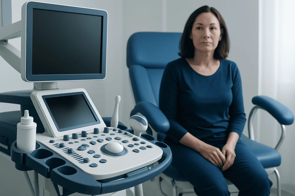 Woman undergoing gynecological ultrasound examination at a hospital.