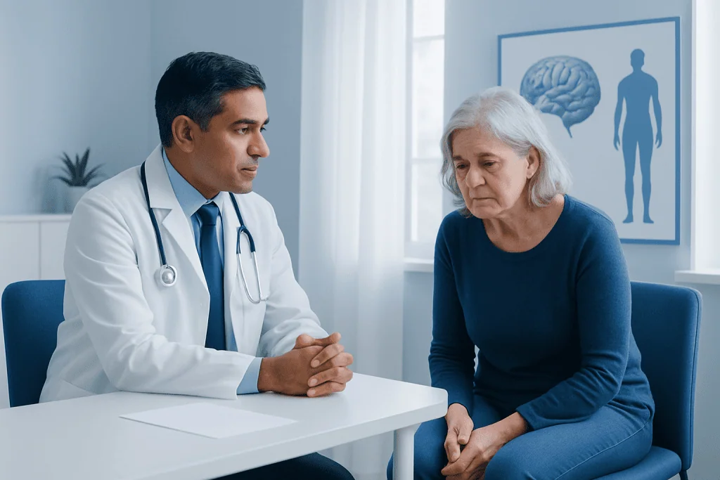 Doctor consulting with an elderly woman in a medical office.