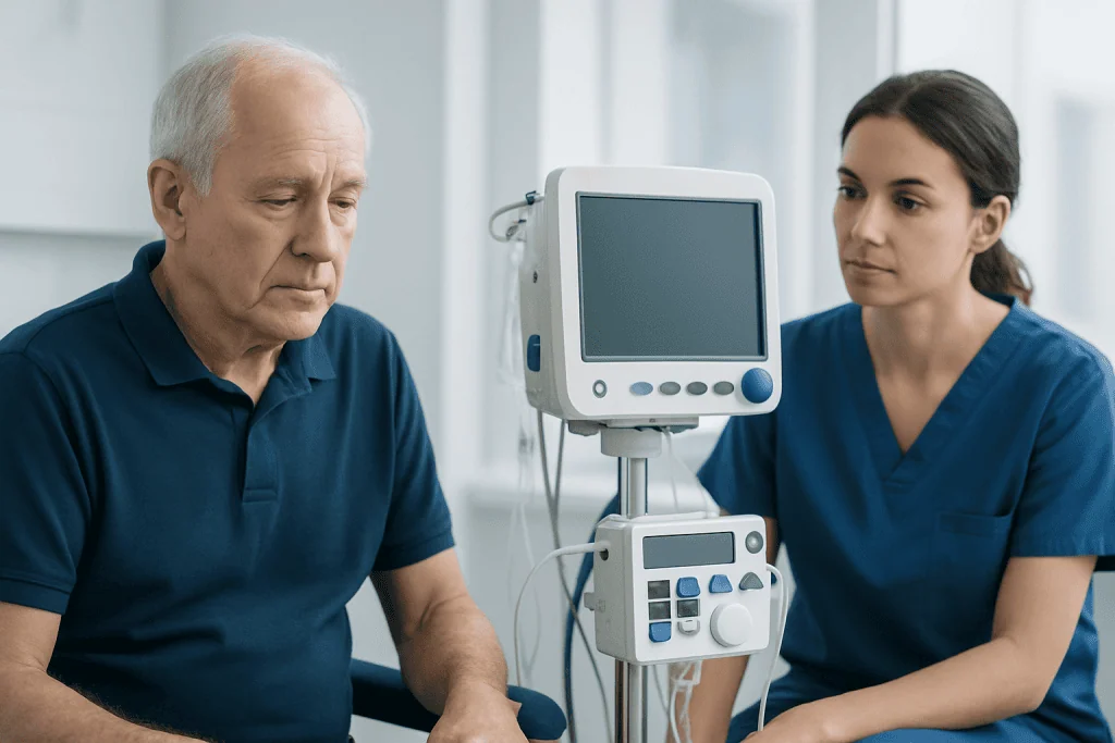 Elderly man undergoing medical examination with monitor and healthcare professional.