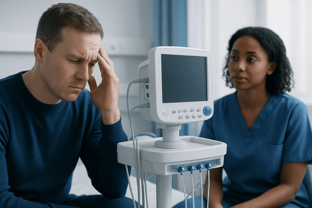Patient experiencing headache during medical consultation at hospital.