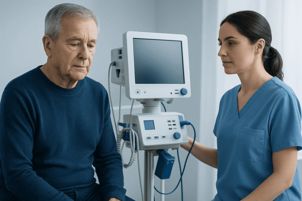 Doctor and patient in a medical consultation with monitoring equipment.