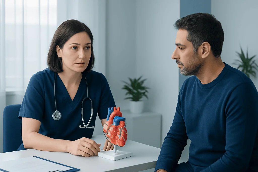 Doctor explaining heart health to male patient with heart model in clinic.