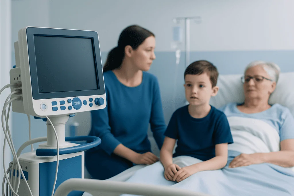 Child and family in hospital room with medical monitor.