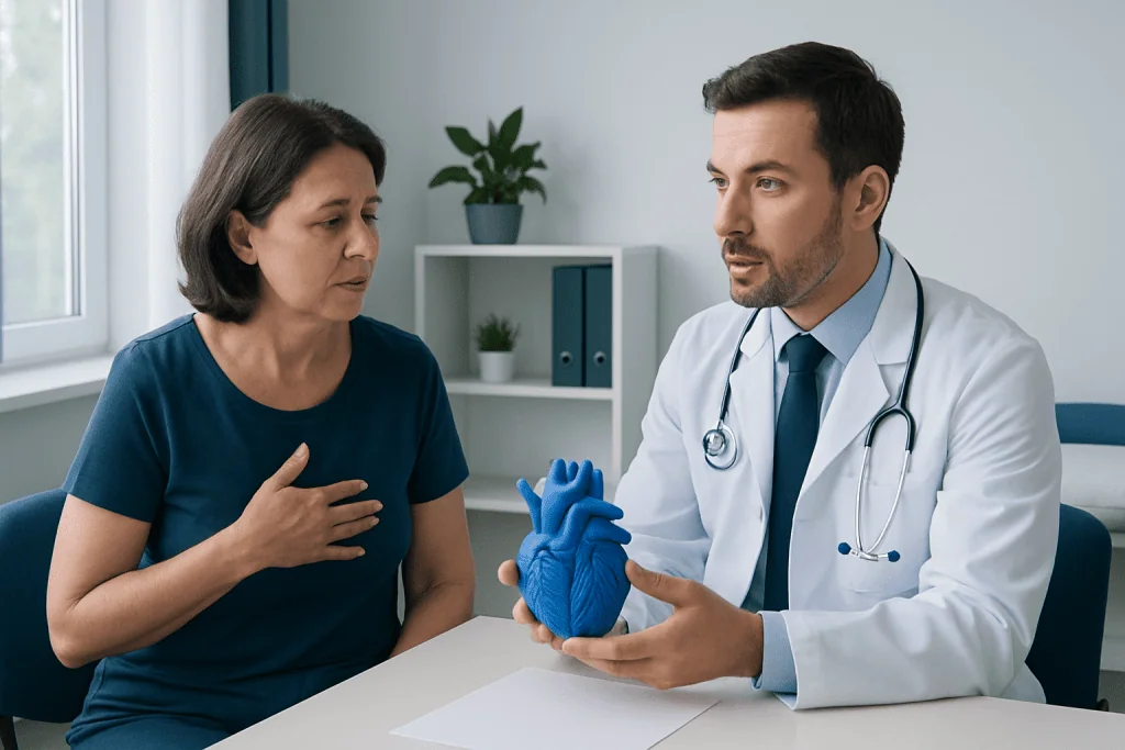 Cardiologist explaining heart health to middle-aged woman in consultation room.
