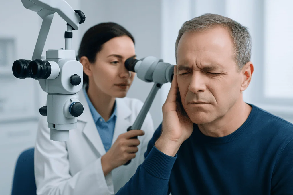 Doctor examining patient's ear with a microscope in a clinic setting.