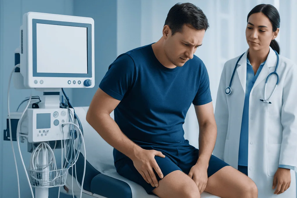 Patient experiencing groin pain during medical consultation at Acibadem Hospital.
