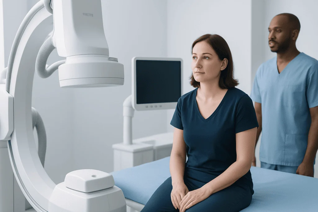 Medical professionals preparing for a diagnostic imaging procedure at Acibadem Hospital.
