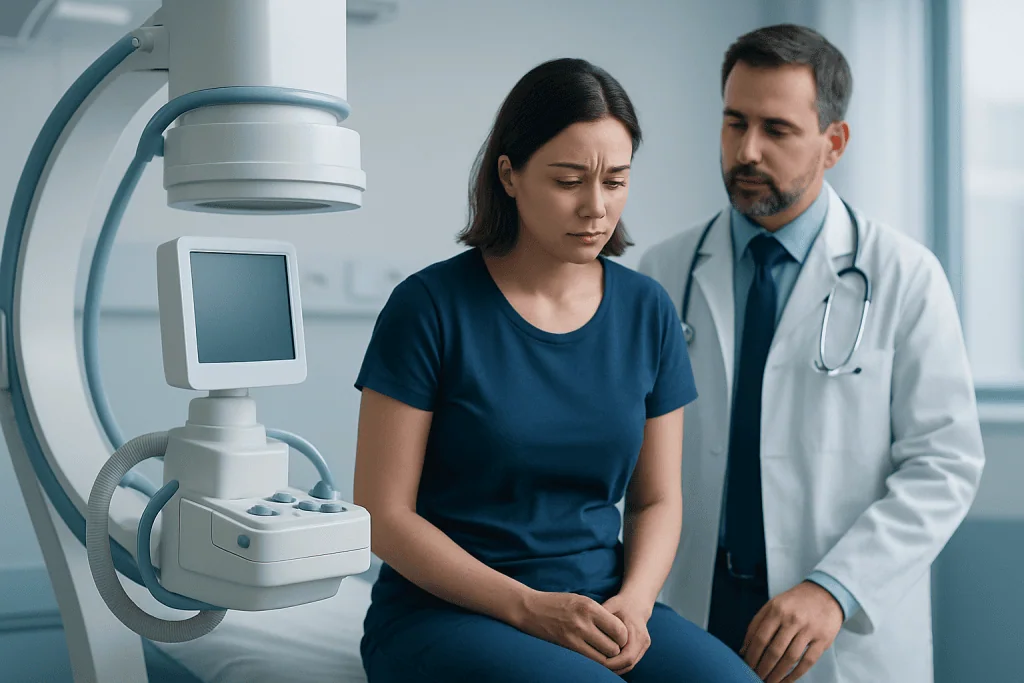 Doctor consulting with a patient in a hospital room.
